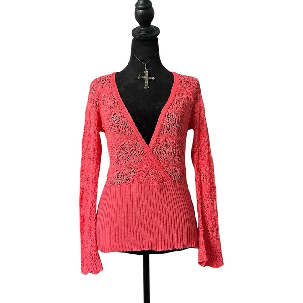 Y2K Coral Deep V-Neck Flare Sleeve Knit Top